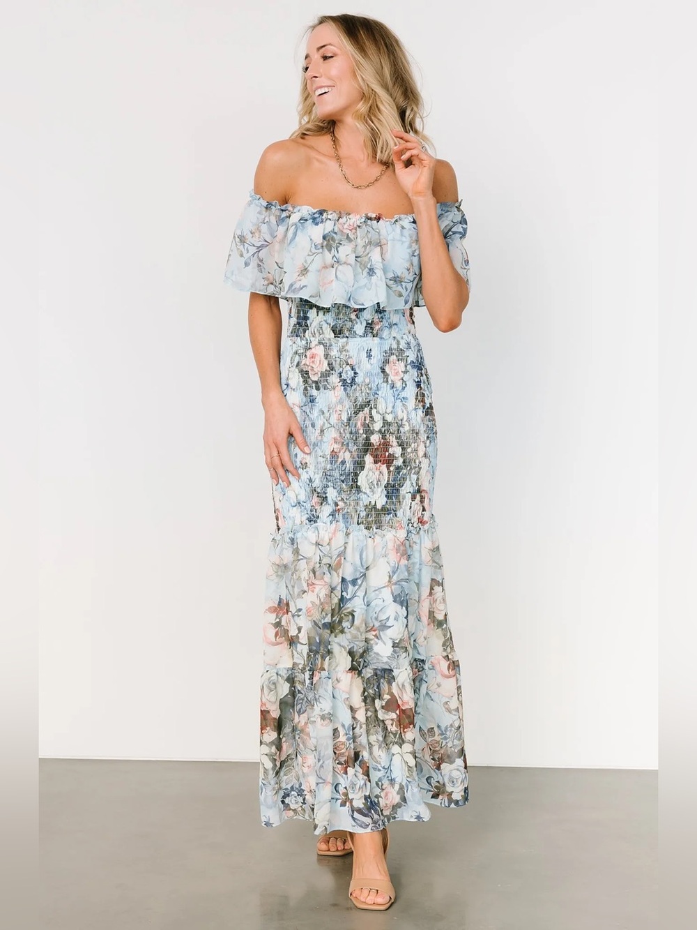 Baltic Born Amalfi Smocked Off Shoulder Long Maxi Dress Blue Floral Large NEW